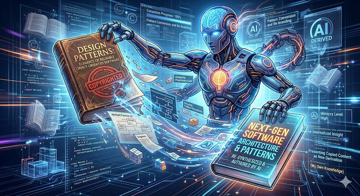 Digital illustration of an AI model deconstructing and recreating a software design book.